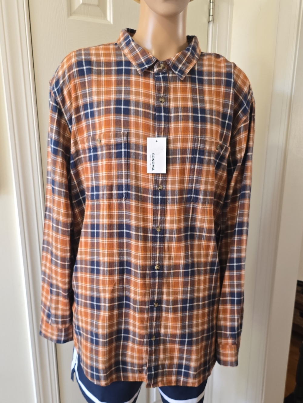 Sonoma Brand Mens Big & Tall Brown & Blue Plaid Button-Up Flannel Shirt Size 4XB